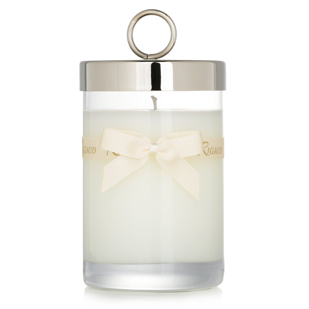 Rigaud Gardenia scented candle in a glass jar with bow, offering a floral aroma and 90 hours of burn time.