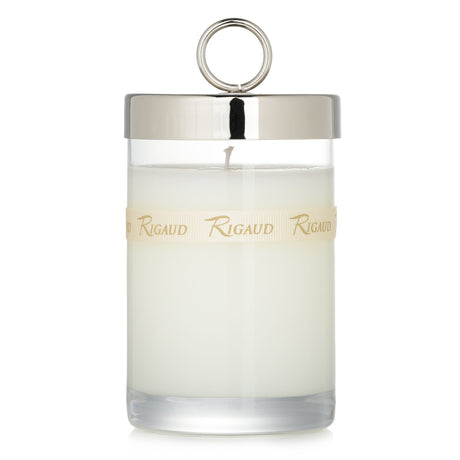 Rigaud #Gardenia scented candle in a glass container, featuring floral notes and a burn time of 90 hours for a tranquil ambiance.