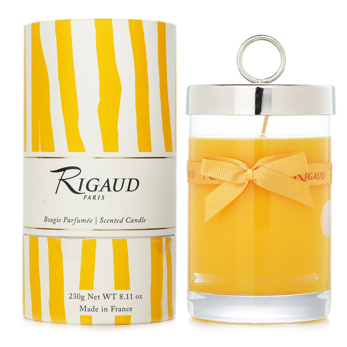 Luxurious Rigaud # Tournesol scented candle in glass, featuring mango and passion fruit scents, with 90-hour burn time.