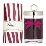 Elegant Rigaud scented candle in glass, infused with woody patchouli and teak, featuring a graceful bow tie for refined decor.