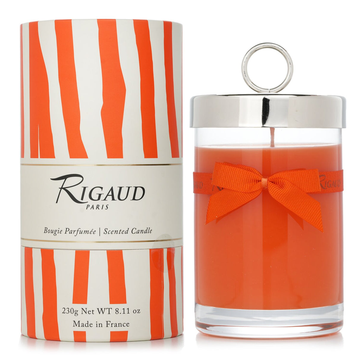 Rigaud Scented Candle # Vesuve in a stylish glass, offering 90 hours of warm amber, incense, cedar, and cinnamon aromas.