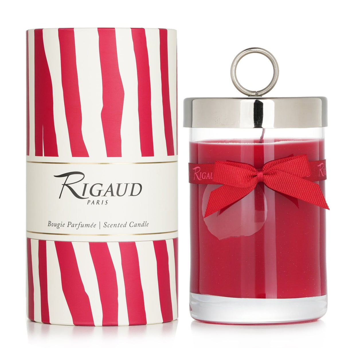 Elegant Rigaud scented candle in a glass jar, featuring a red berry and geranium fragrance, lasting 90 hours.
