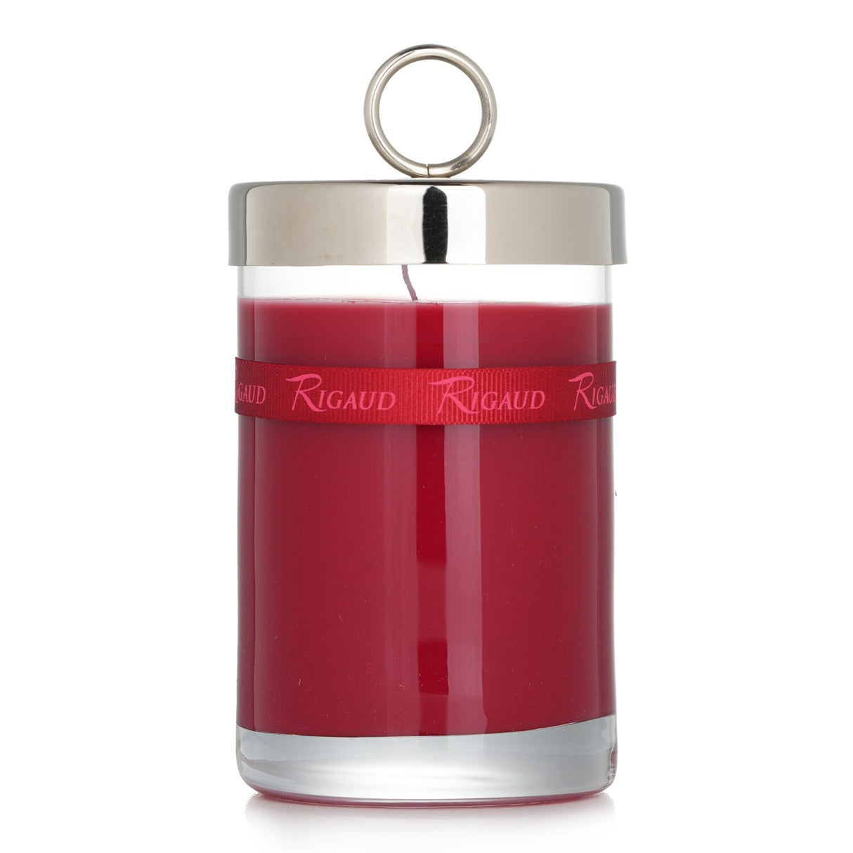 Luxurious Rigaud scented candle in a glass jar, featuring red berry and geranium fragrance, with a 90-hour burn time.