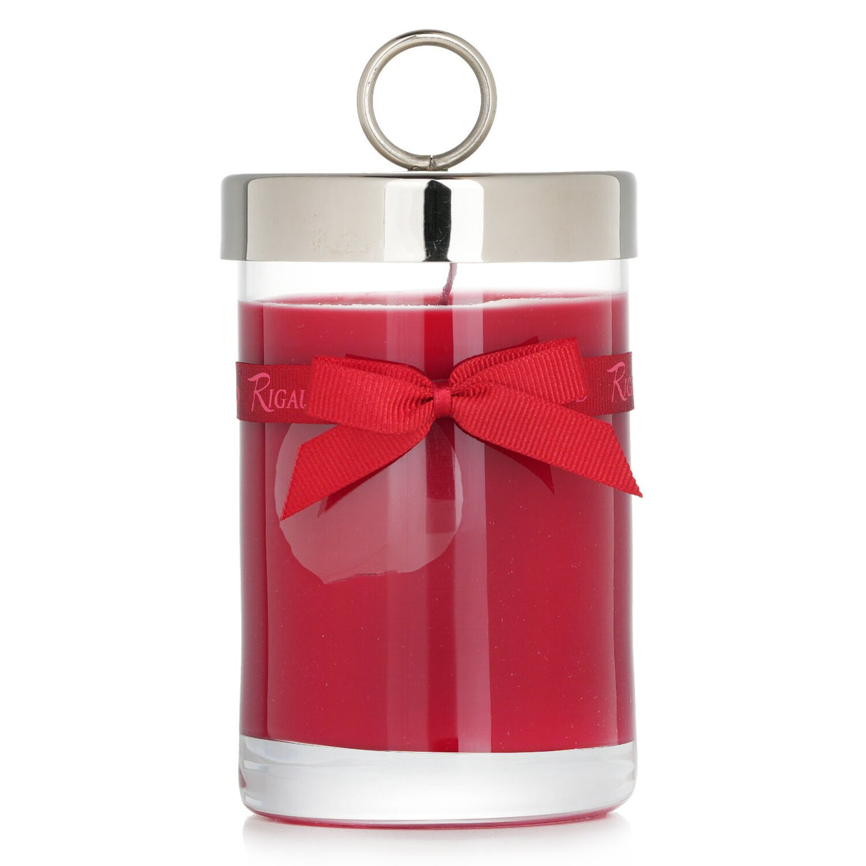 Rigaud La Vie En Rouge scented candle in a glass jar with bow, featuring red berry and geranium fragrance, 90-hour burn time.