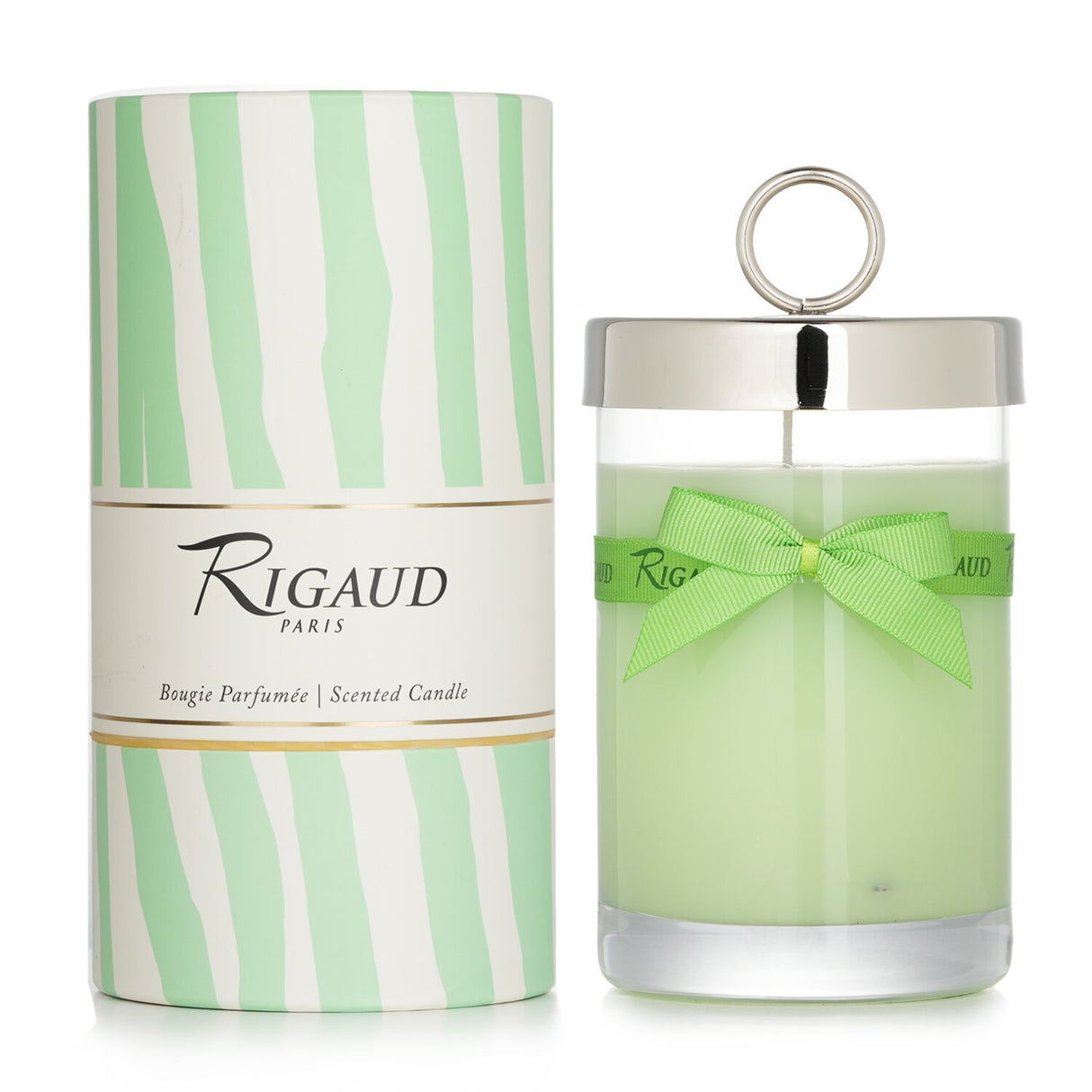 Luxury Rigaud scented candle in a glass container, featuring spring-inspired Jasmin de Printemps fragrance with 90-hour burn time.