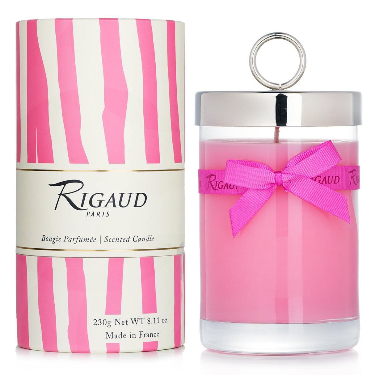 Luxury Rigaud scented candle in #Rose Couture, with rose, leather, and amber notes, in an elegant glass jar with a bow tie.