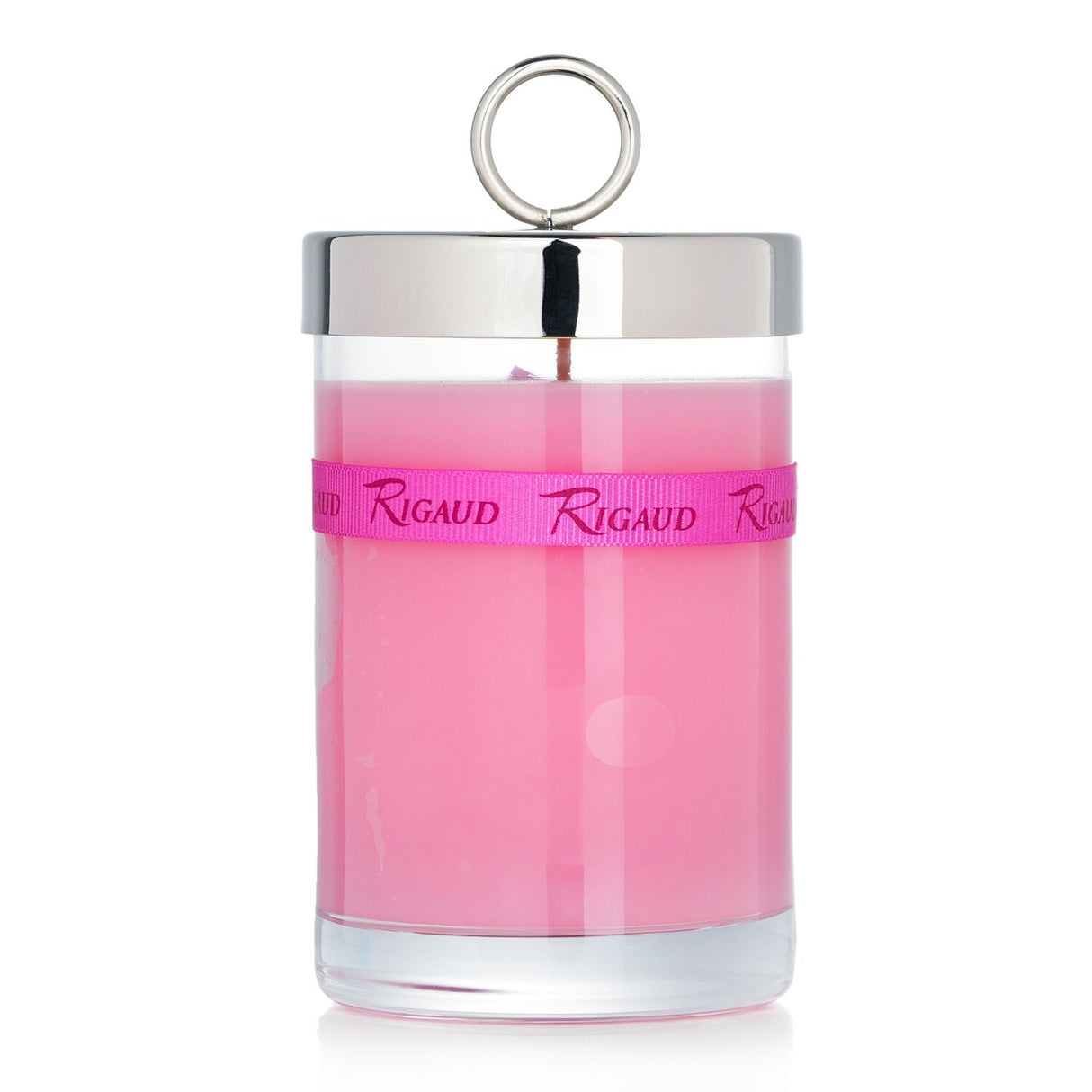 Luxury Rigaud Scented Candle in # Rose Couture, featuring rose, leather, and amber scents in a glass container with bow.