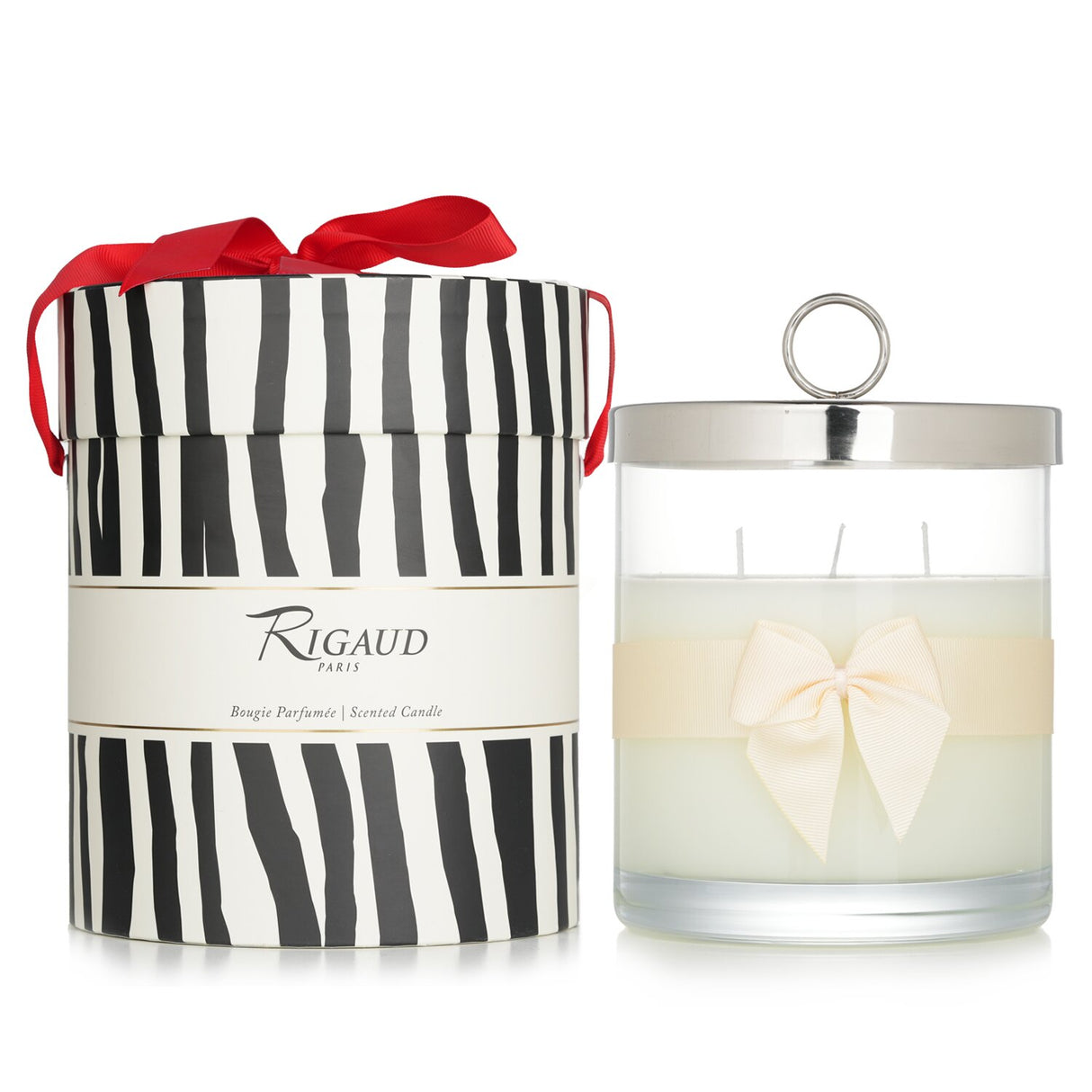 Luxurious Rigaud Gardenia Scented Candle in a glass holder; fresh floral aroma, elegant design, and 150 hours burn time.