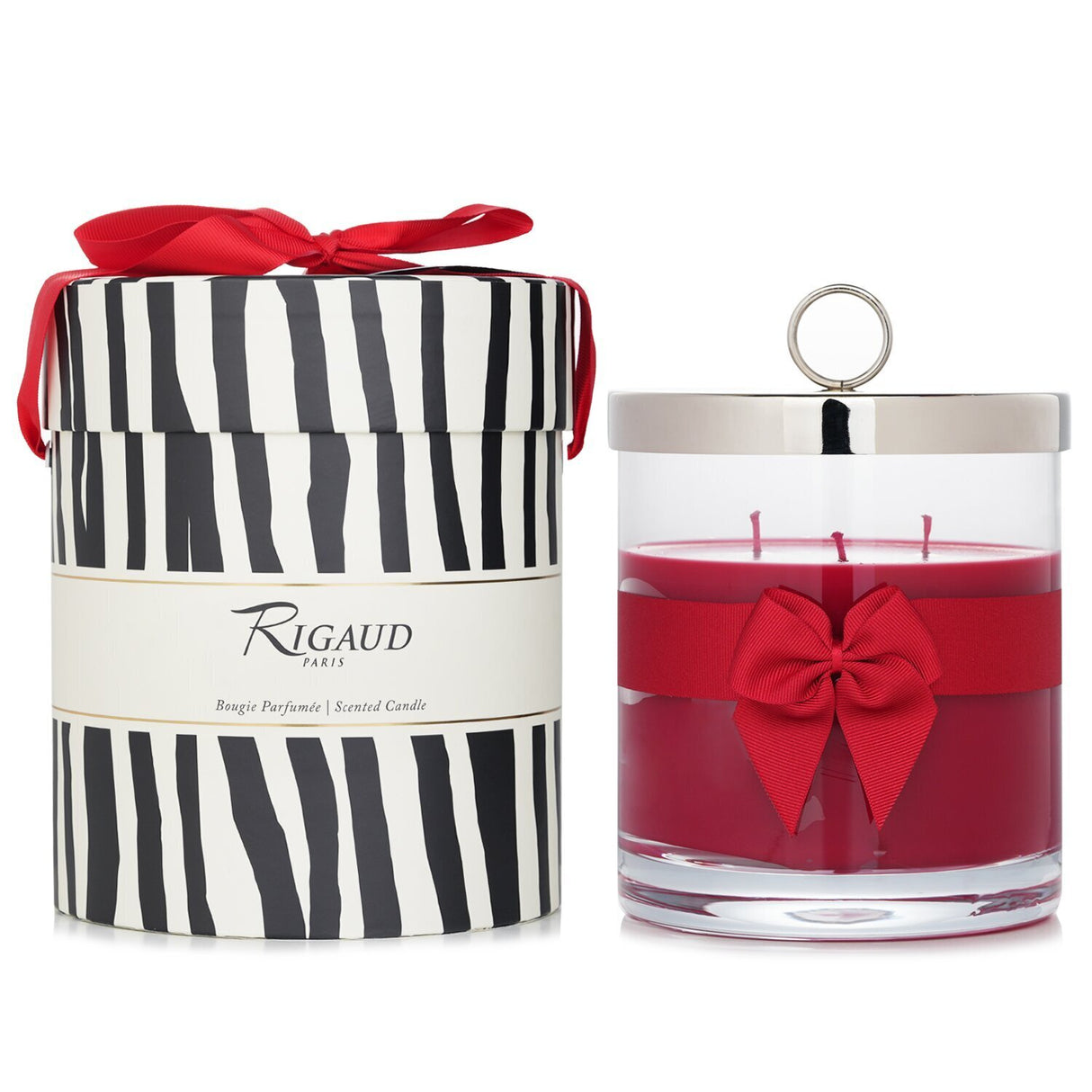 Luxury Rigaud scented candle #La Vie En Rouge, 750g, featuring red berry and geranium aromas, in a chic glass container.