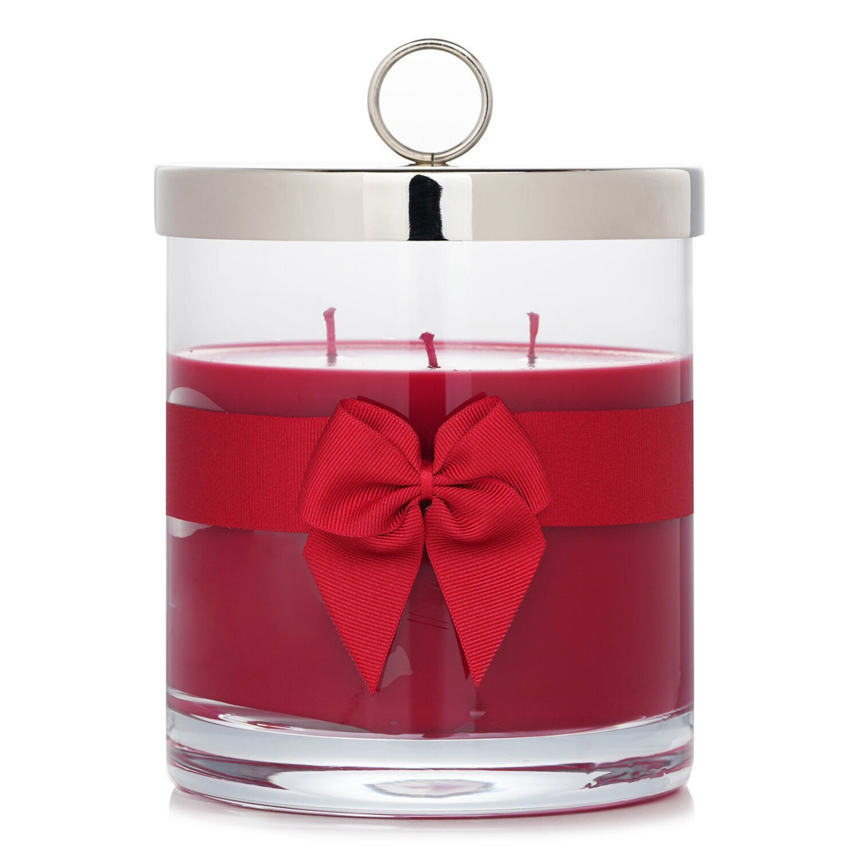 Rigaud La Vie En Rouge scented candle in a glass container, featuring red berry and geranium fragrance with 150-hour burn time.