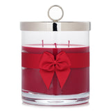 Rigaud La Vie En Rouge scented candle in a glass container, featuring red berry and geranium fragrance with 150-hour burn time.