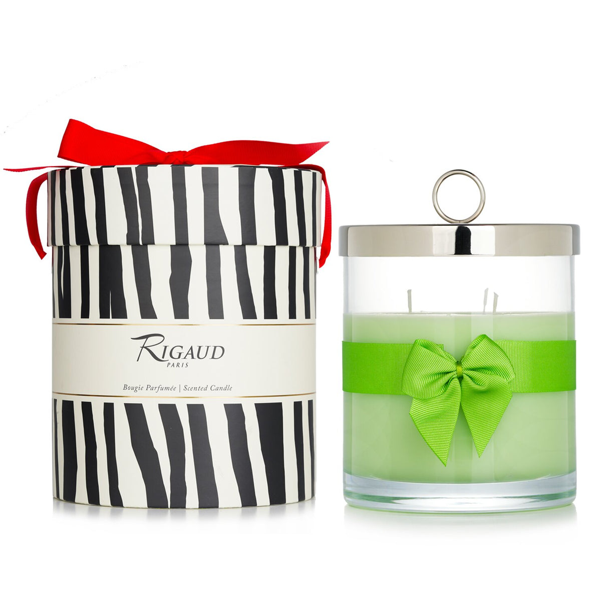 Luxury Rigaud scented candle in clear glass, featuring Jasmin de Printemps fragrance with bergamot and Ylang-Ylang notes.