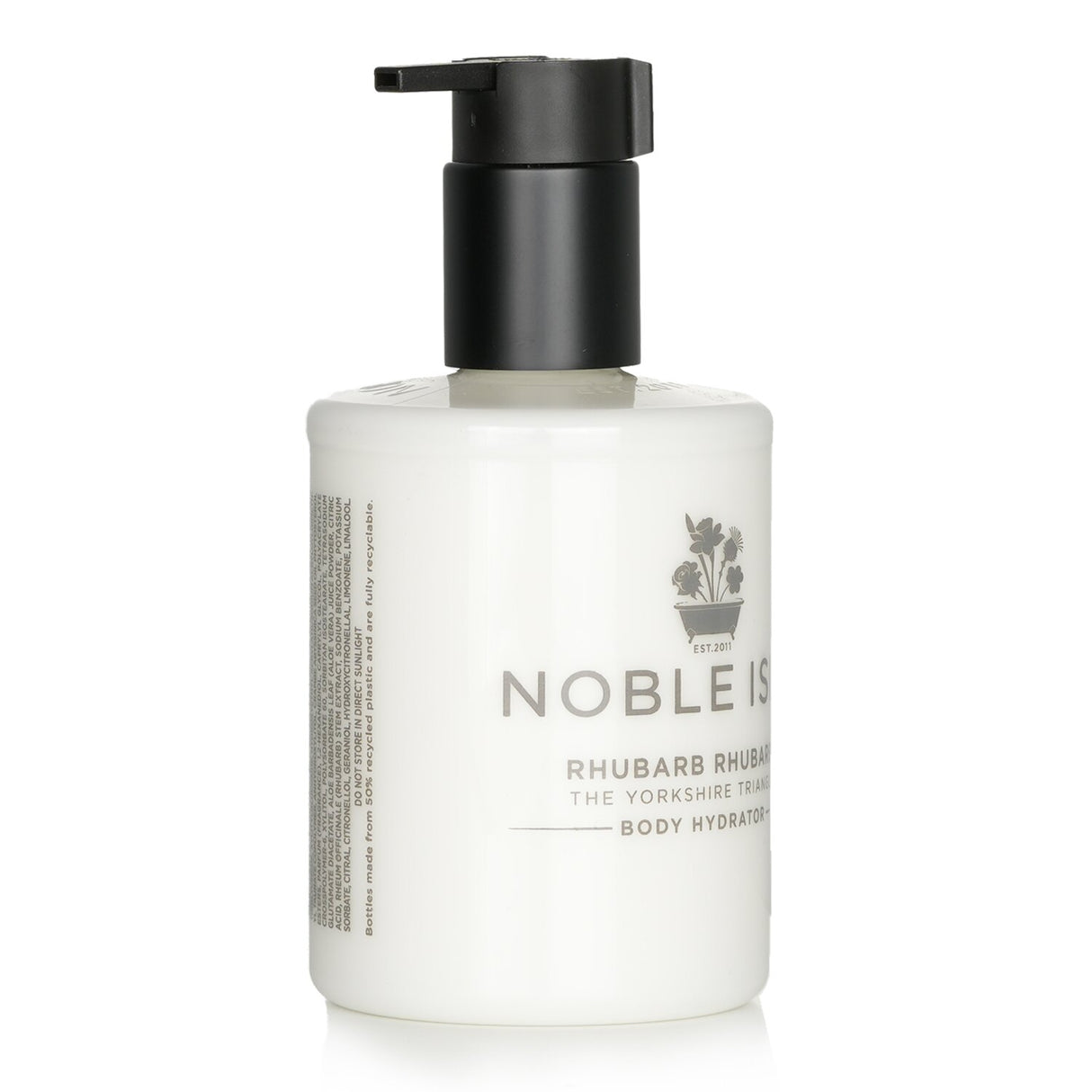 Noble Isle's Rhubarb Rhubarb Body Hydrator in 250ml, a luxury moisturizer with invigorating rhubarb scent and eco-friendly packaging.