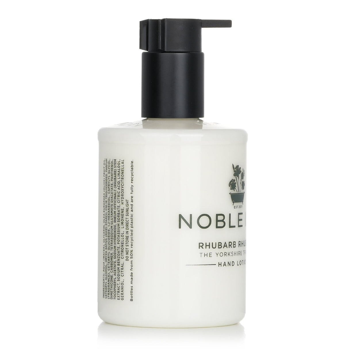 Luxury Noble Isle Rhubarb Rhubarb Hand Lotion (250ml) with a refreshing scent and hydrating, non-greasy formula.