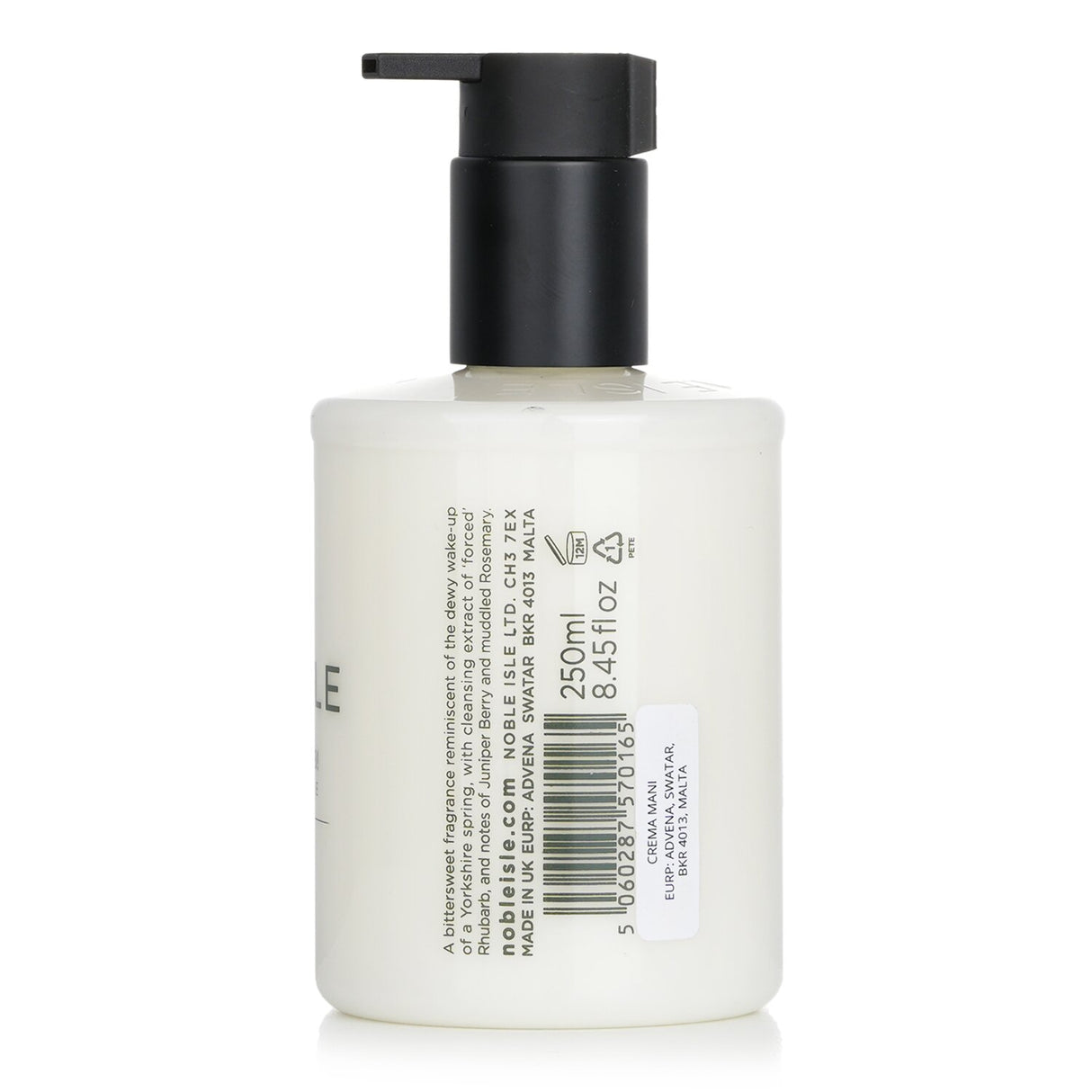 Luxurious 250ml hand lotion with rhubarb and juniper scent, hydrates, soothes, and protects hands in a recyclable package.