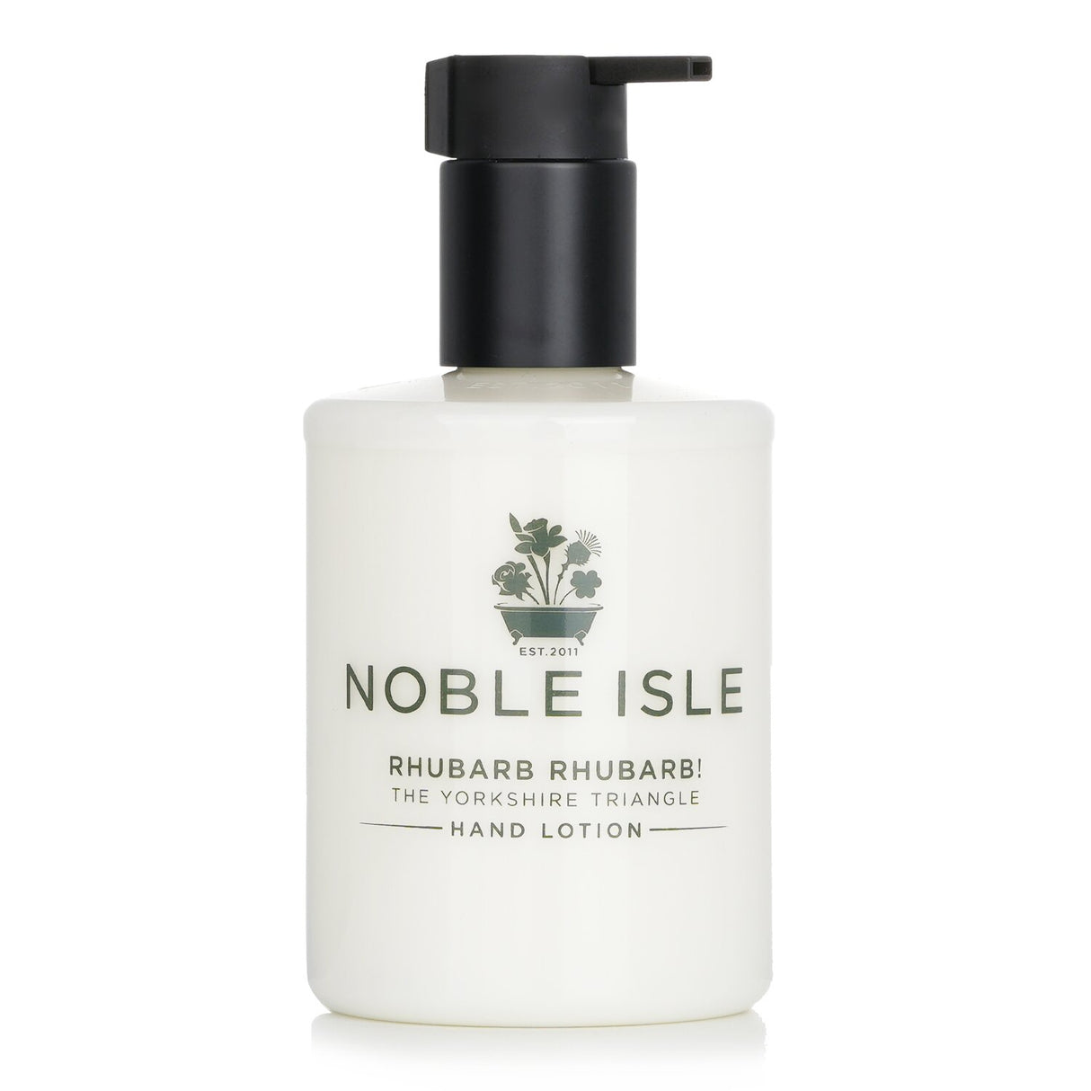 Luxury Noble Isle Rhubarb Rhubarb Hand Lotion (250ml), infused with fresh rhubarb, juniper, and earthy notes for soft hands.