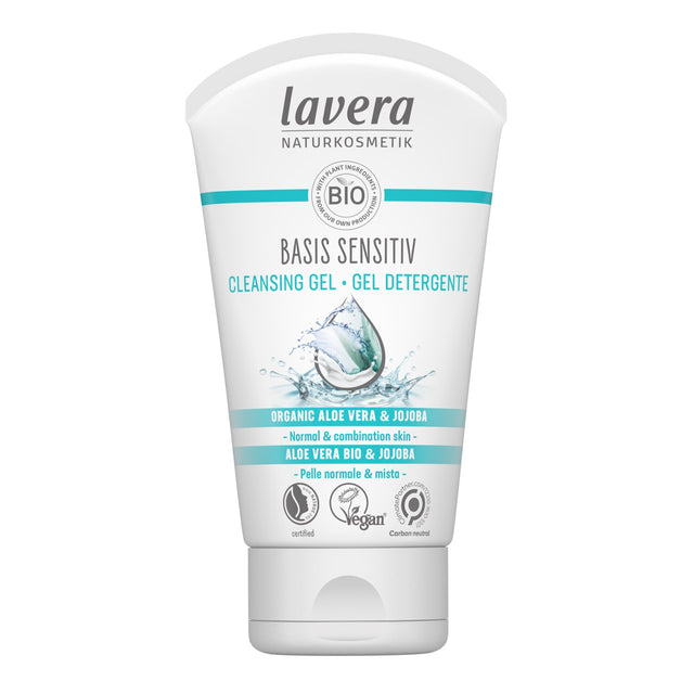 Lavera Basis Sensitiv Cleansing Gel with organic aloe vera and jojoba, ideal for gentle cleansing of normal & combination skin.