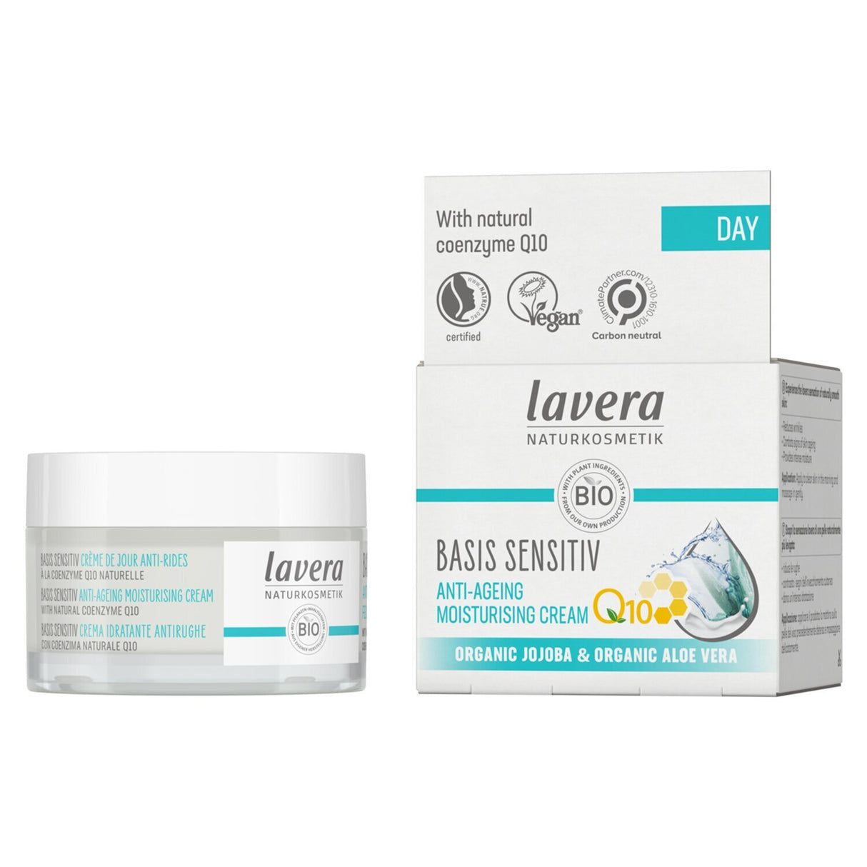 Lavera Basis Sensitiv Moisturizing Cream Q10 50ml, anti-aging cream enriched with natural coenzyme Q10 and organic ingredients.
