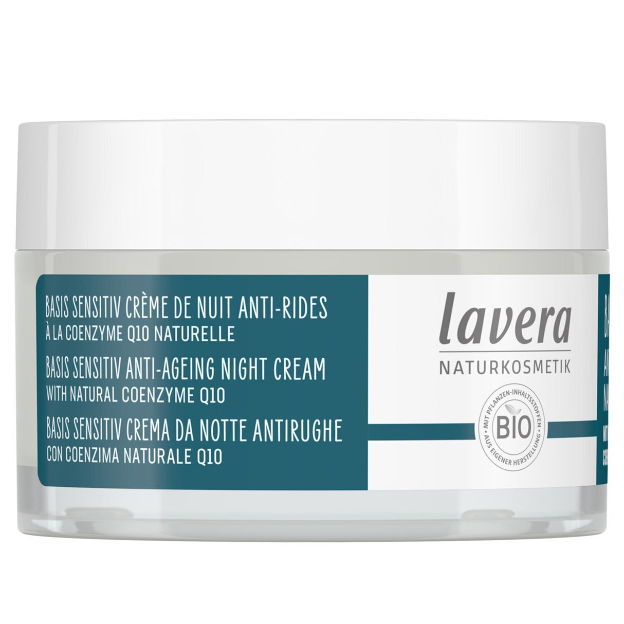 Lavera Q10 Anti-Ageing Night Cream in a 50ml jar, rejuvenates skin overnight, reduces wrinkles, and hydrates with organic oils.