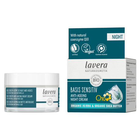 Lavera Basis Sensitiv Q10 Anti-Ageing Night Cream: a nourishing 50ml cream with coenzyme Q10 for rejuvenated, smooth skin overnight.