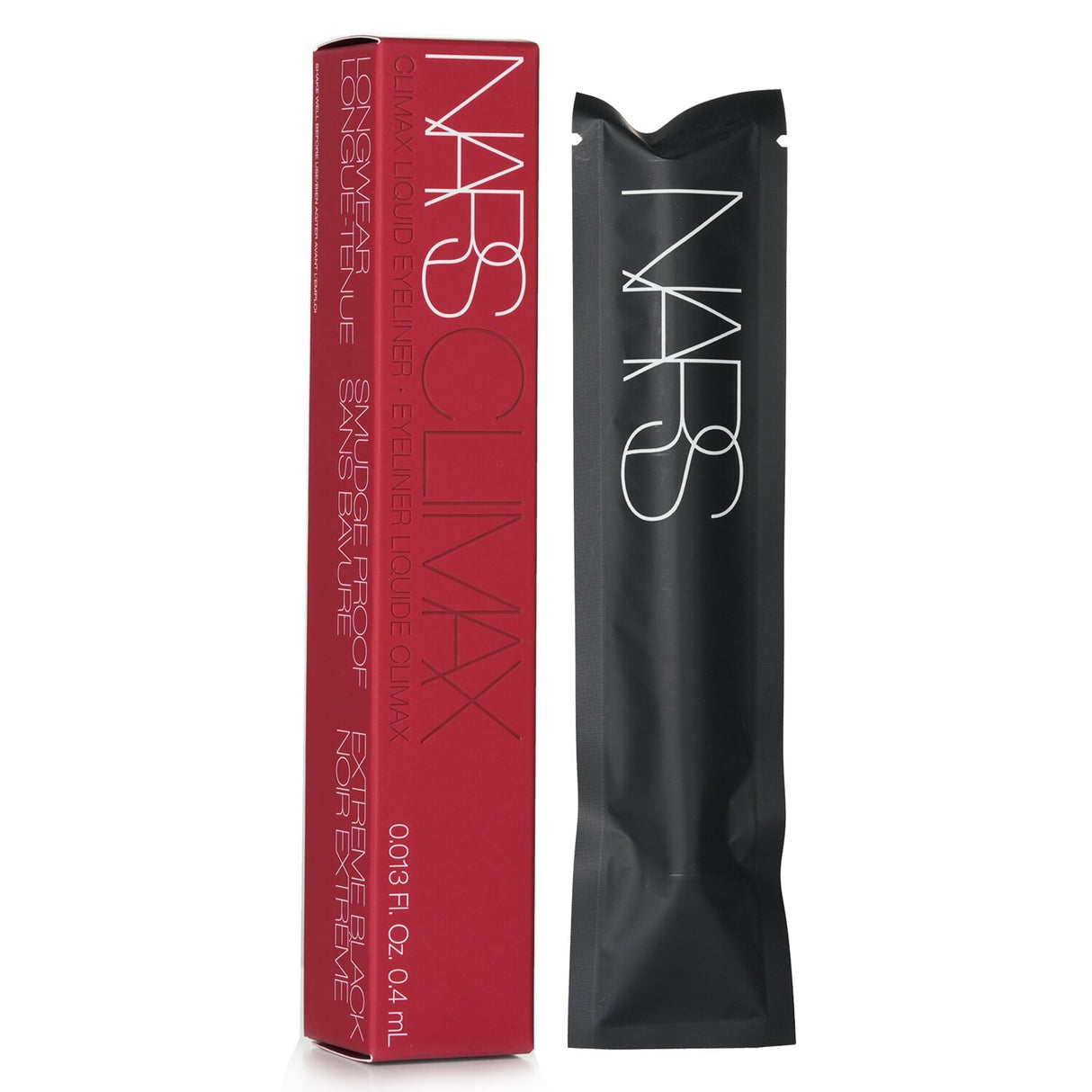 NARS Climax Liquid Eyeliner in matte black, featuring a tapered brush for precise, customizable lines and waterproof wear.