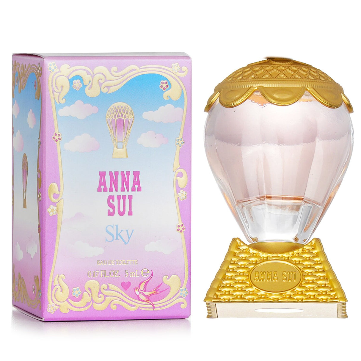 Miniature 5ml Anna Sui Sky Eau De Toilette in a golden hot air balloon-inspired bottle, a floral fruity fragrance for young women.