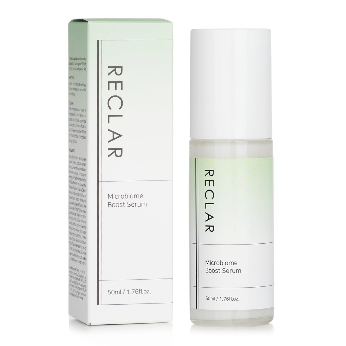Reclar Microbiome Boost Serum in a 50ml bottle, featuring probiotics, niacinamide, and hyaluronic acid for healthy, radiant skin.