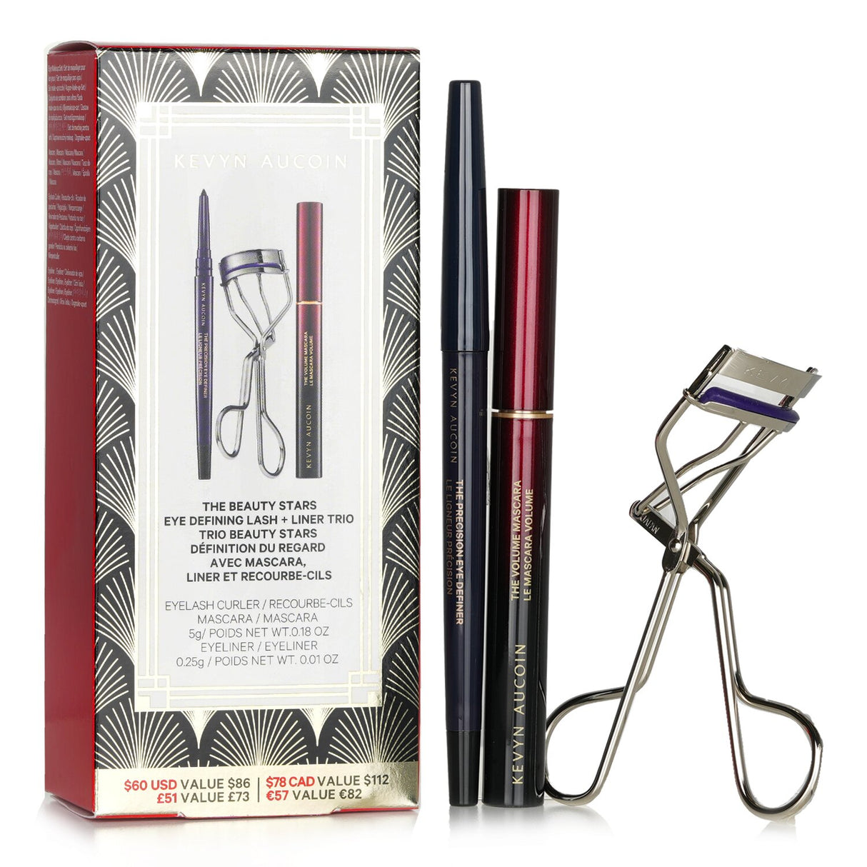 Kevyn Aucoin Eye Defining Lash + Liner Trio featuring an eyelash curler, mascara, and eyeliner for stunning, defined eyes.