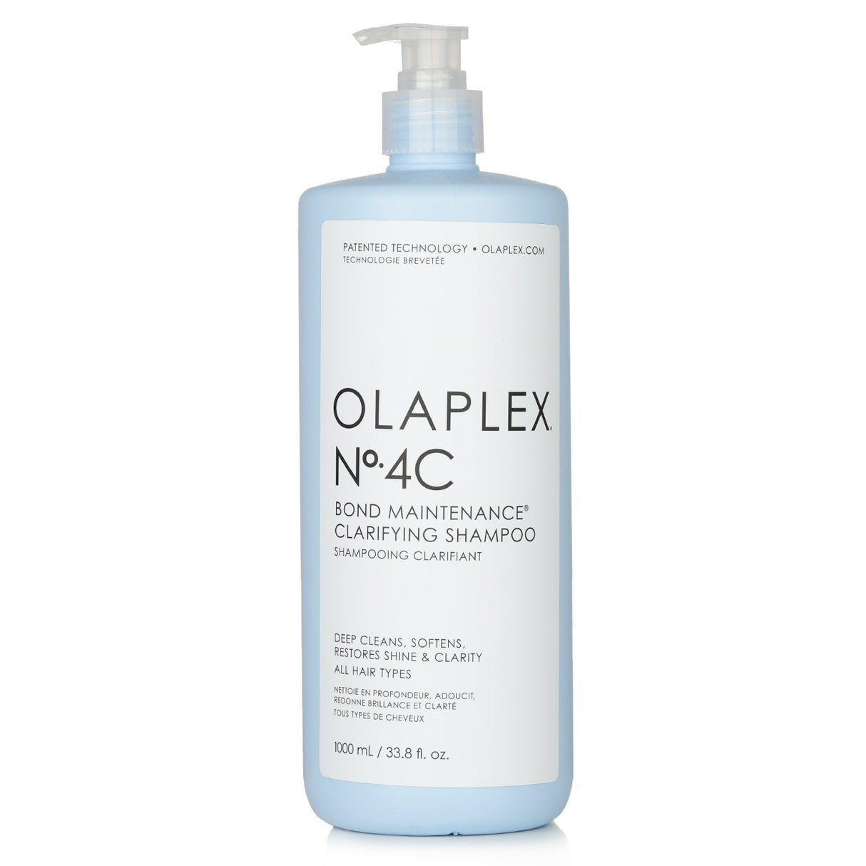 Olaplex No. 4C Bond Maintenance Clarifying Shampoo 1000ml, vegan formula cleanses buildup while nourishing and repairing all hair types.