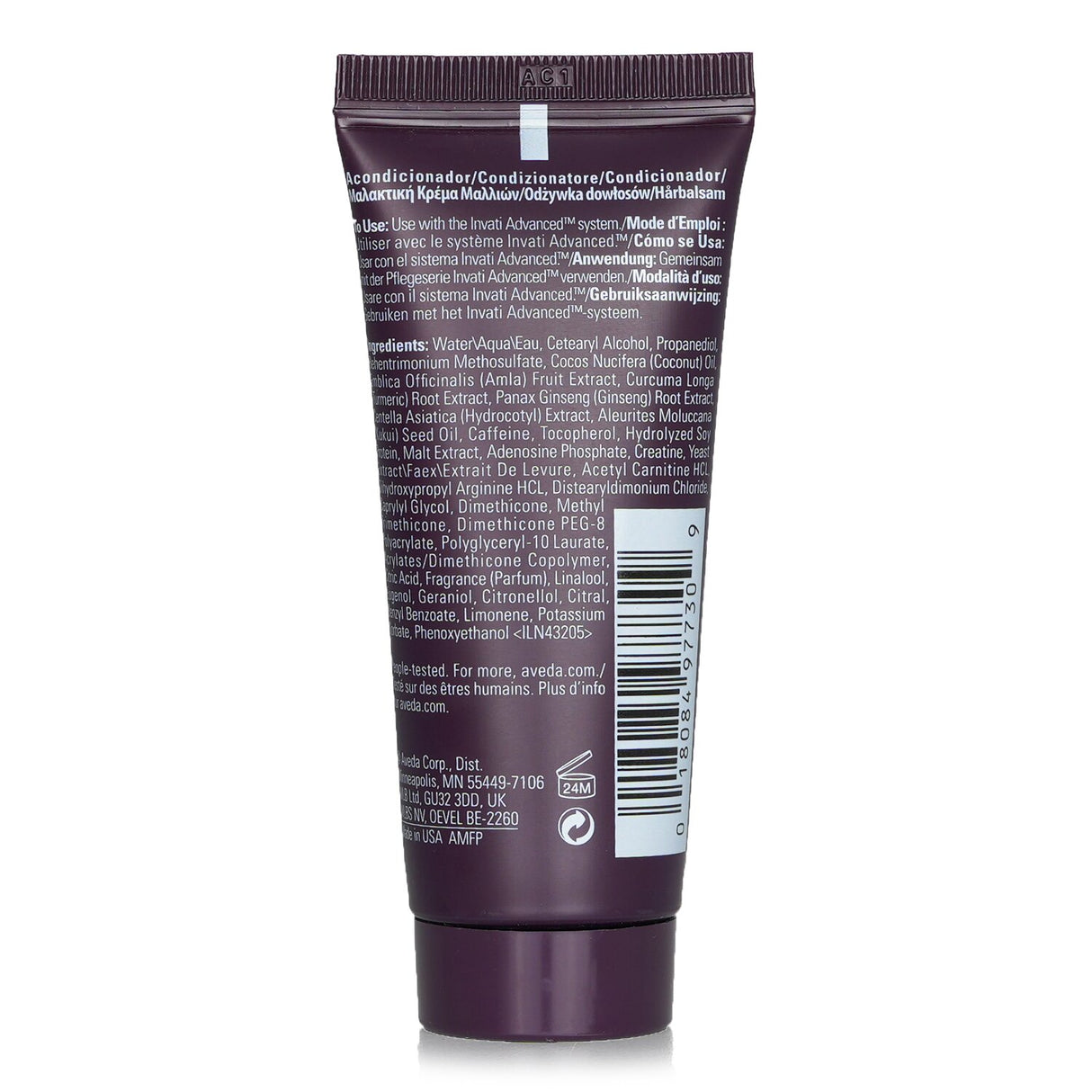 Travel-sized Aveda Invati Advanced Thickening Conditioner, 40ml, enhances thinning hair with organic Amla and soothing scents.