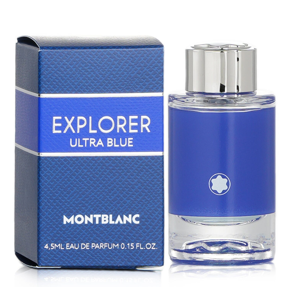 Miniature 4.5ml Montblanc Explorer Ultra Blue Eau De Parfum, featuring citrus, sea accord, and woodsy notes for adventurous men.