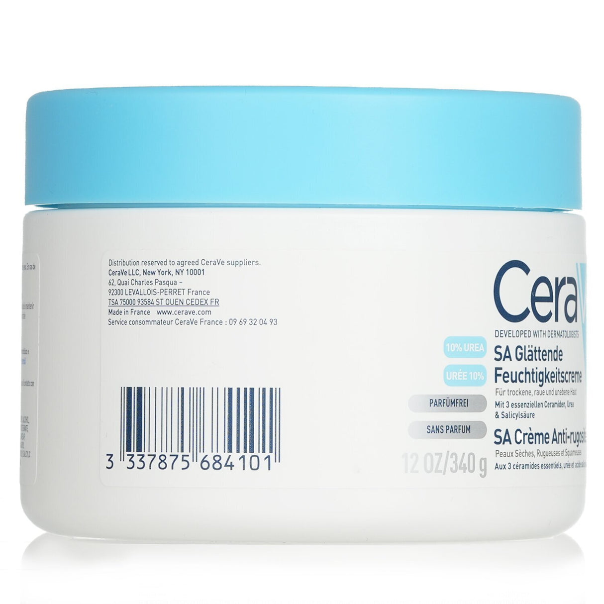 CeraVe SA Smoothing Cream in a 340g jar, fragrance-free, helps soothe rough skin with Salicylic Acid and provides lasting hydration.