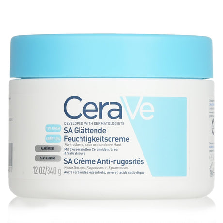 CeraVe SA Smoothing Cream in a 340g tub, ideal for exfoliating and hydrating rough skin, including Keratosis Pilaris.