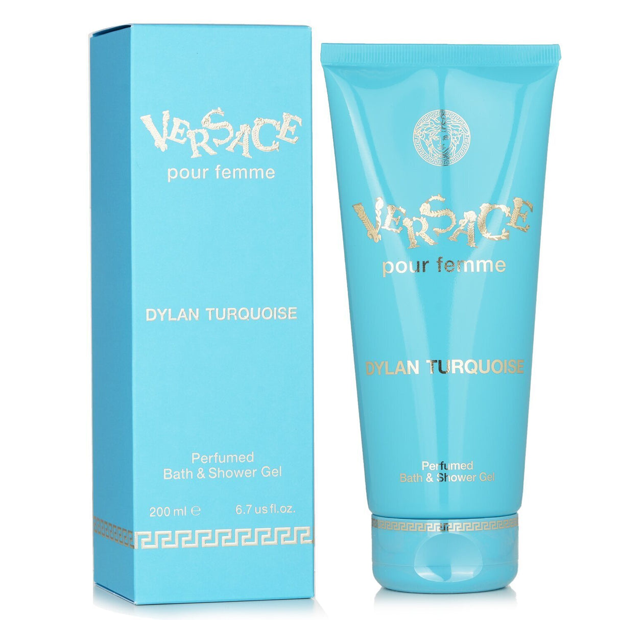 Luxurious Versace Dylan Turquoise bath gel in 200ml, featuring invigorating citrus and floral notes for a refreshing shower experience.