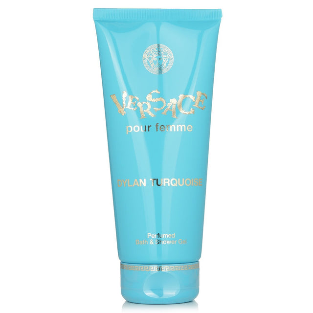 Luxurious Versace Dylan Turquoise bath gel in 200ml, featuring invigorating citrus and floral notes for a refreshing shower experience.