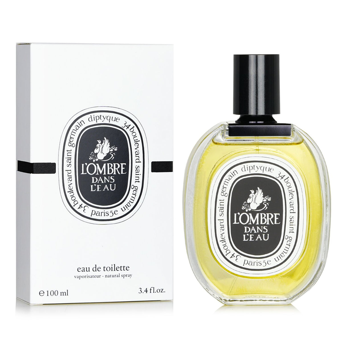 Diptyque L'Ombre Dans L'Eau Eau De Toilette, 100ml, features floral green notes of black currant, rose, amber, and musk.