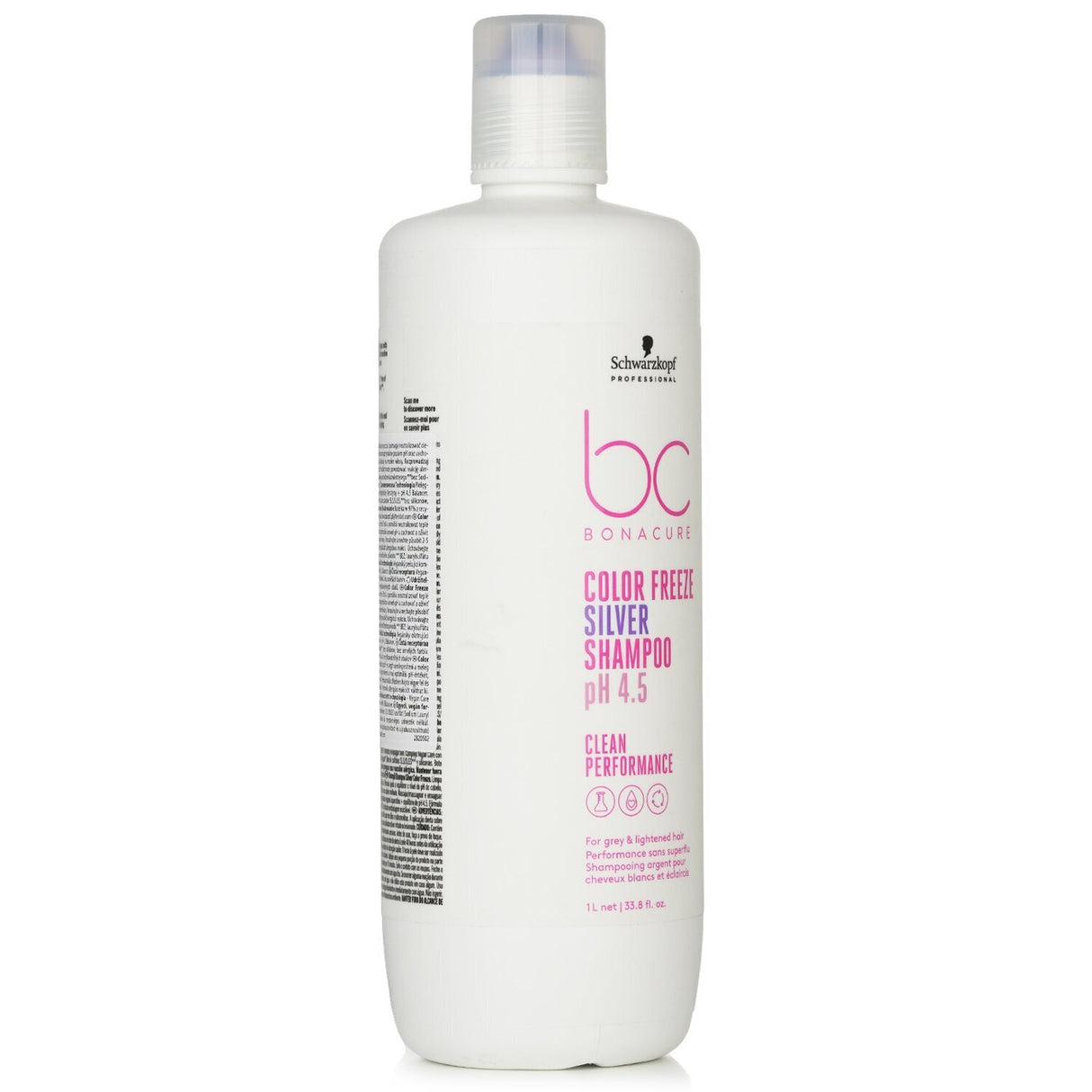 Schwarzkopf BC Bonacure Silver Shampoo for grey/lightened hair, 1000ml, with blue-violet pigments for vibrant, silky softness.