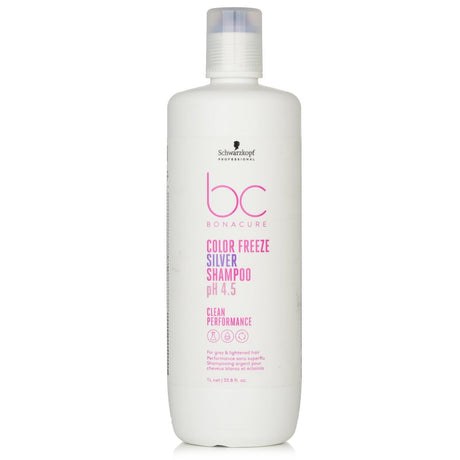 Schwarzkopf BC Bonacure Silver Shampoo 1000ml, designed for grey and lightened hair, combats yellow tones and enhances shine.