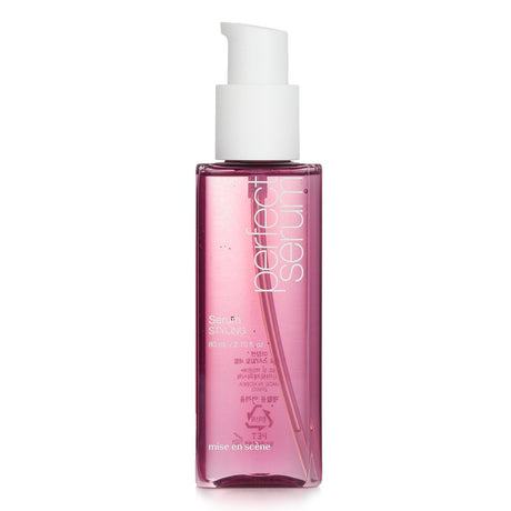 Mise en Scene Perfect Serum with 7X Golden Oil blend for nourishing, styling, and protecting hair; floral scent included.