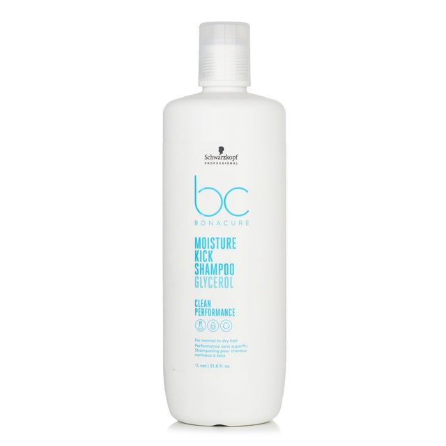 Schwarzkopf BC Moisture Kick Shampoo 1000ml, hydrating formula for normal to dry hair, enhances softness and shine.