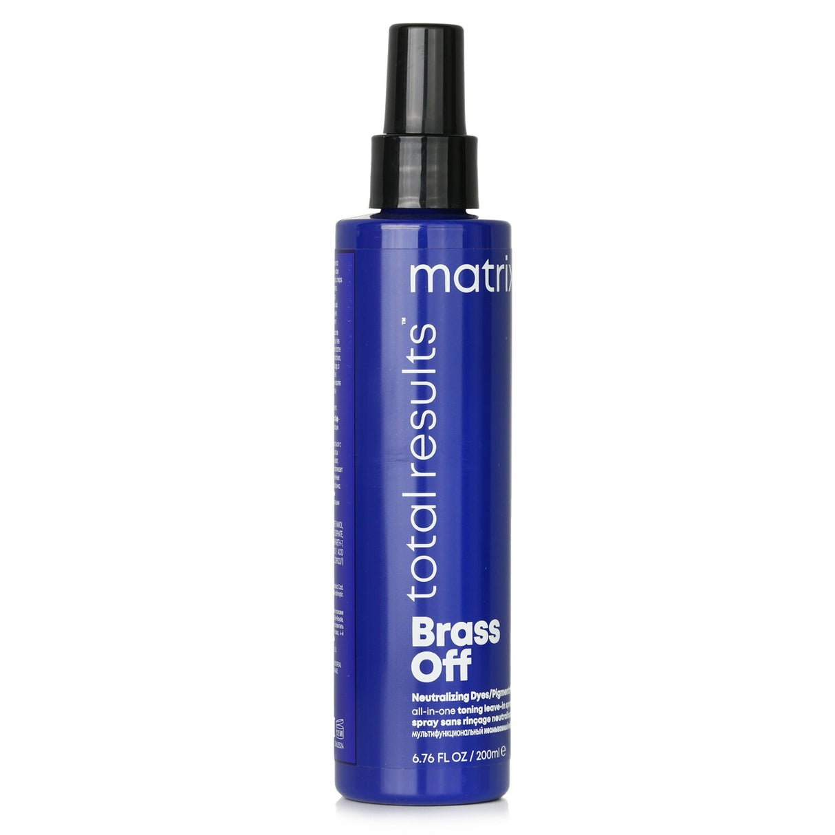 Matrix Total Results Brass Off Toning Spray in a 200ml bottle, designed to neutralize brassiness in lightened and blonde hair.