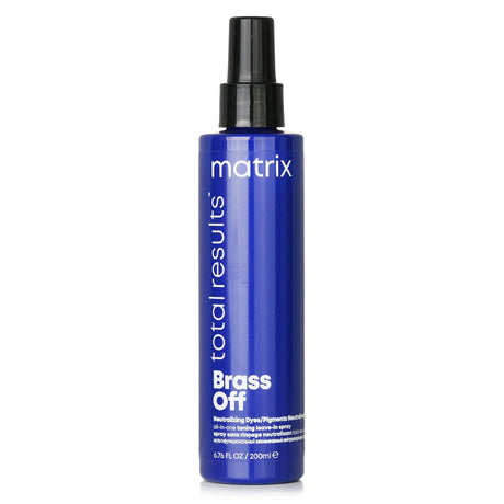 Matrix Total Results Brass Off Toning Spray in a 200ml bottle, designed to neutralize brassiness in blonde hair while adding shine.