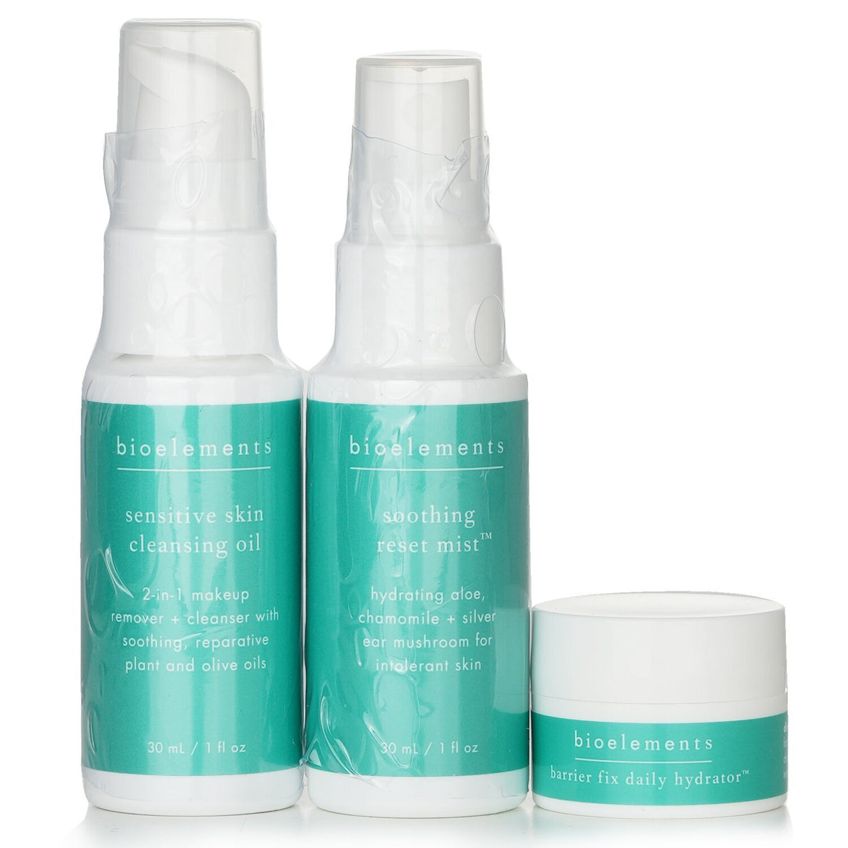 Bioelements 3-Step Mini Starter Set: 3 skincare essentials for sensitive skin, including cleansing oil, mist, and hydrator.