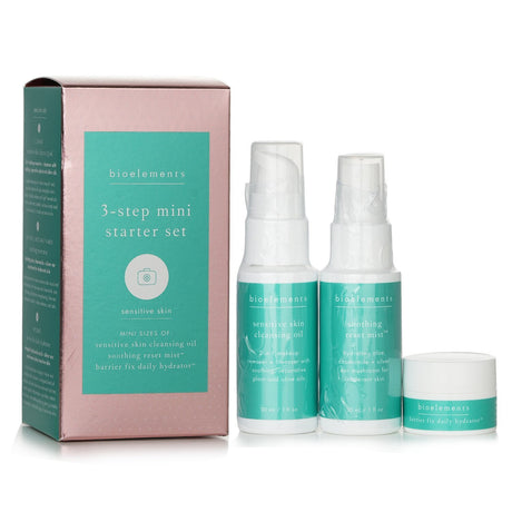 Bioelements 3-Step Mini Starter Set with cleansing oil, soothing mist, and daily hydrator for sensitive skin care.