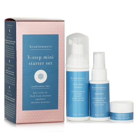 Mini skincare set featuring 51ml cleanser, 30ml toner, and 7.5ml moisturizer for balanced, hydrated combination skin.