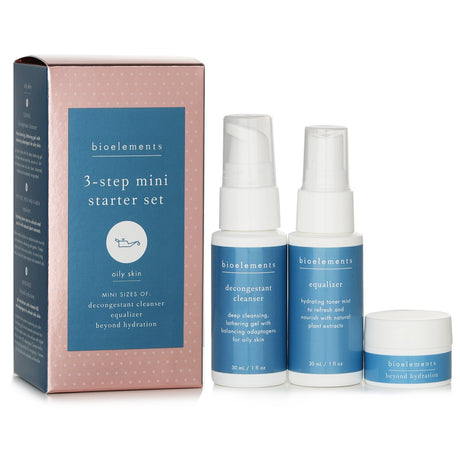 Bioelements 3-Step Mini Starter for Oily Skin set includes a cleanser, toner, and moisturizer for a balanced, fresh complexion.