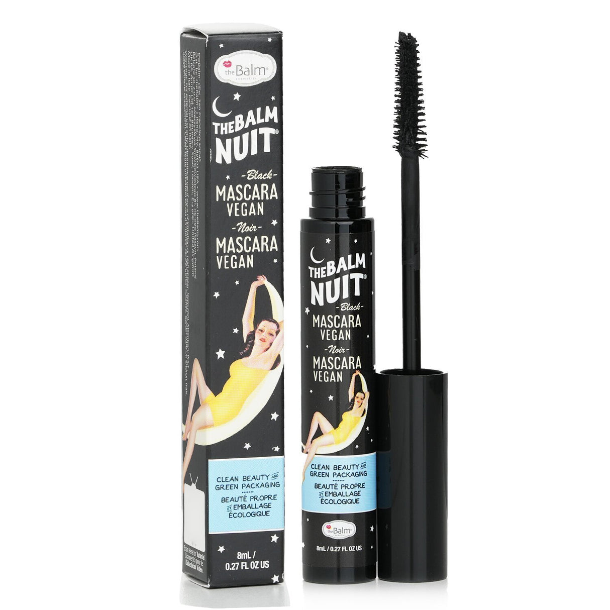 Vegan Nuit Mascara by TheBalm in midnight black, featuring a conical brush for voluminous, silky lashes.