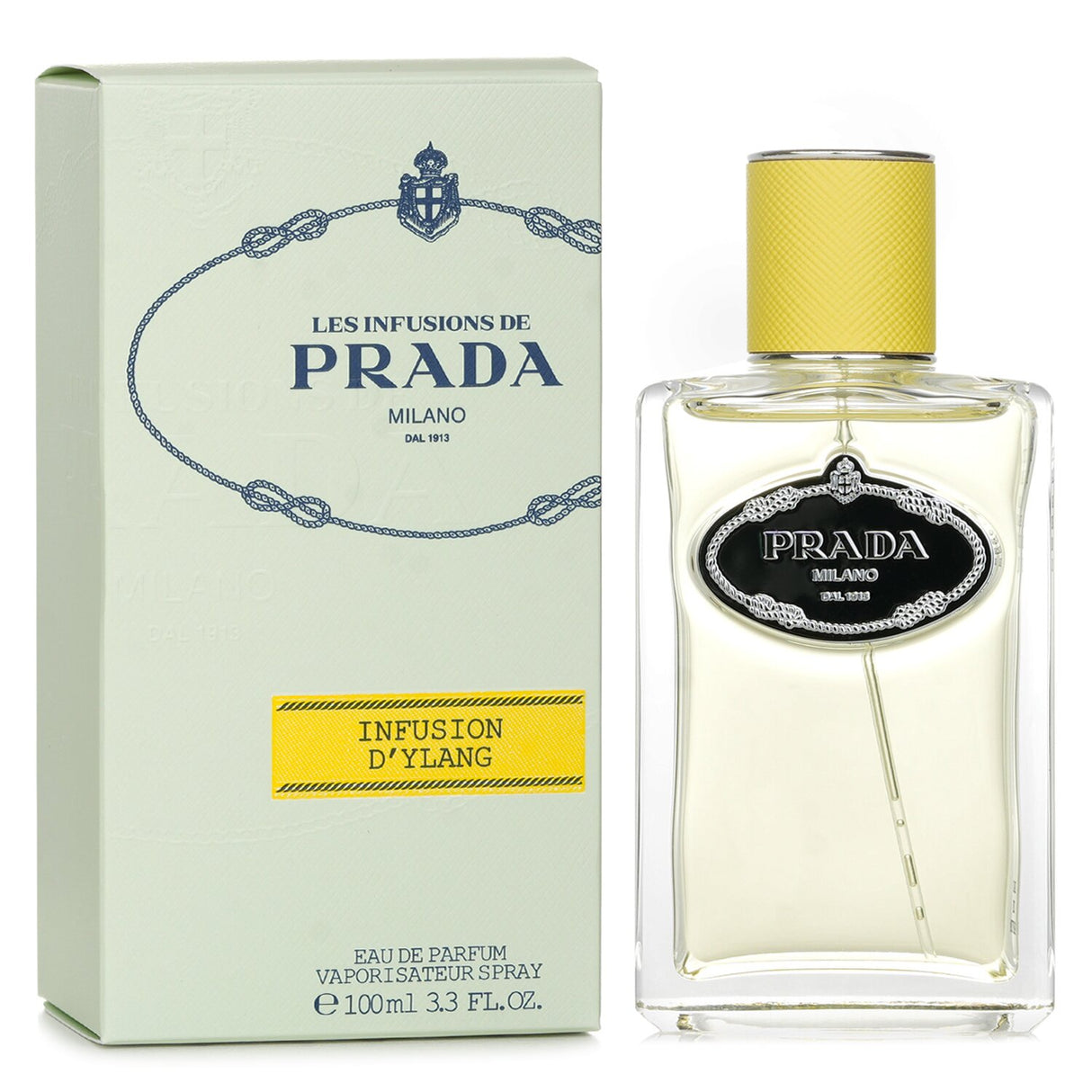 Elegant 100ml Prada Les Infusion D'Ylang Eau De Parfum Spray, featuring creamy ylang-ylang notes for a luxurious unisex scent.