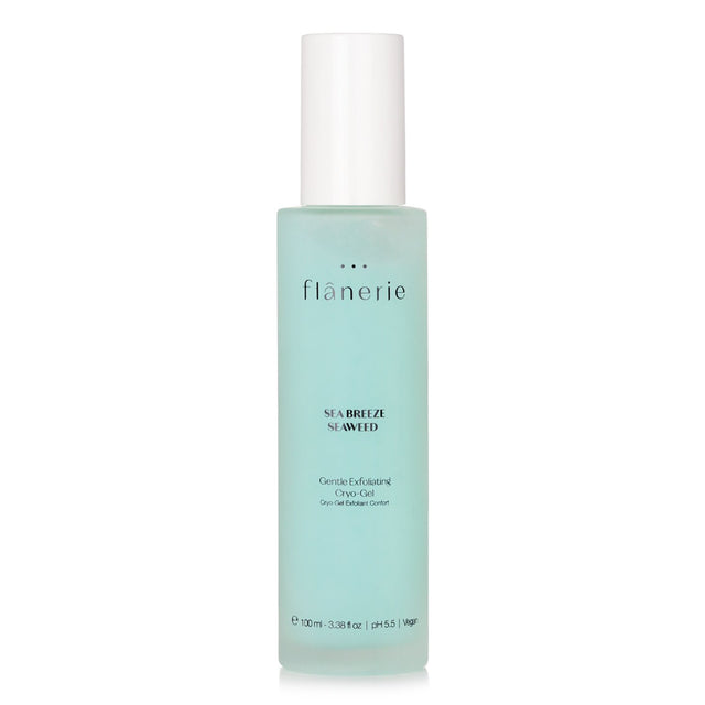Vegan exfoliating cryo-gel for radiant skin, infused with seaweed, glycolic acid, and a refreshing marine scent.