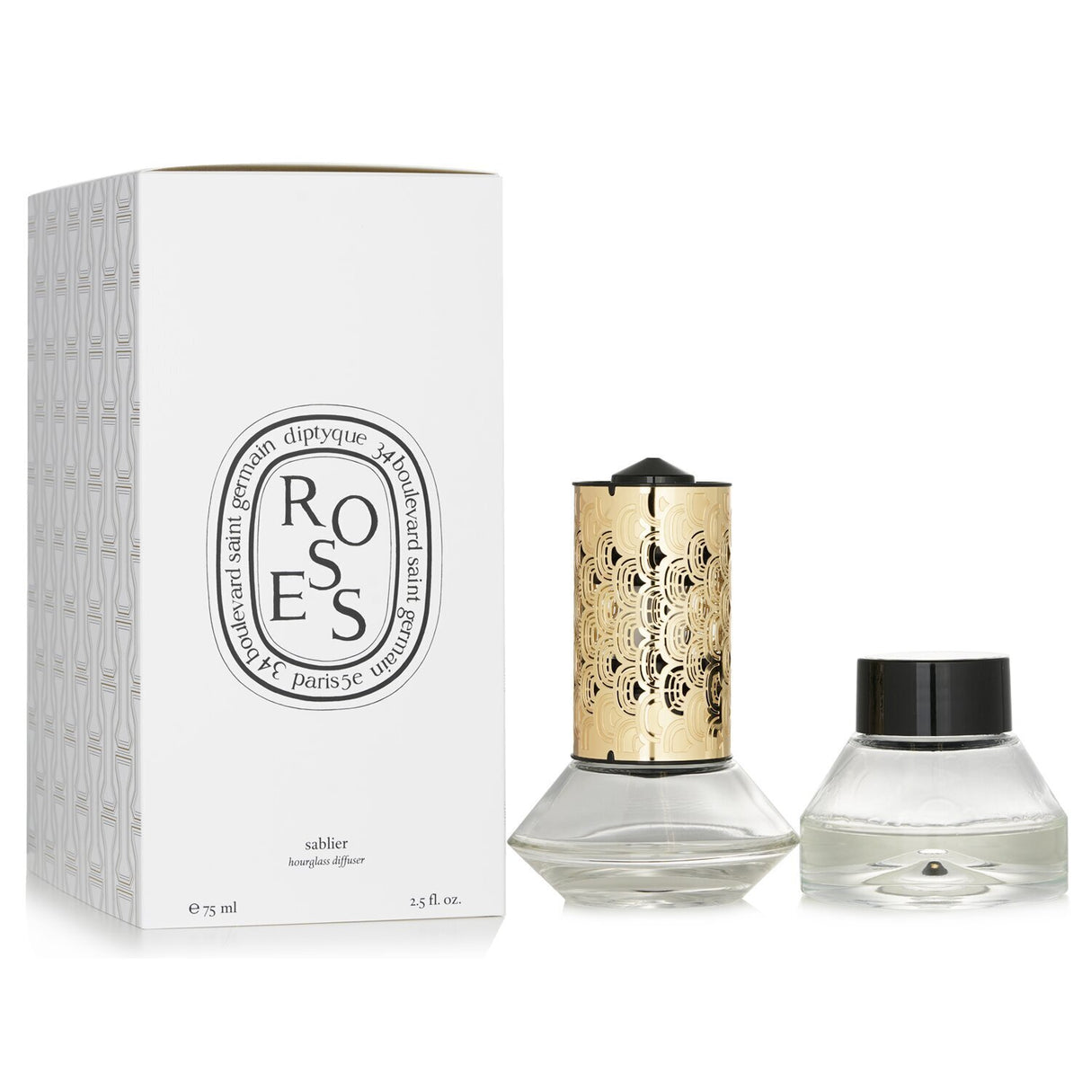 Elegant hourglass diffuser from Diptyque, releasing soothing rose fragrance for a tranquil home ambiance.